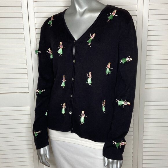 Vintage 00s ALEXANDRA BARTLETT Black Embroidered HULA Dancer Cardigan Sweater L - Picture 4 of 6